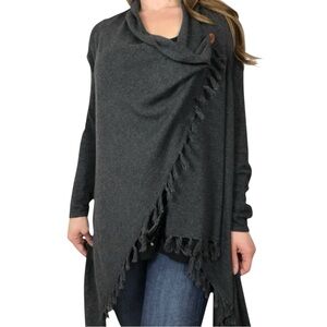 MATILDA JANE Come On Over Fringe Wrap Cardigan Sweater in Charcoal Size XS